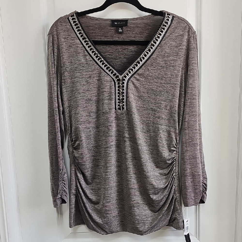 AB Studio Gray Ruched 3/4 Sleeve Tunic